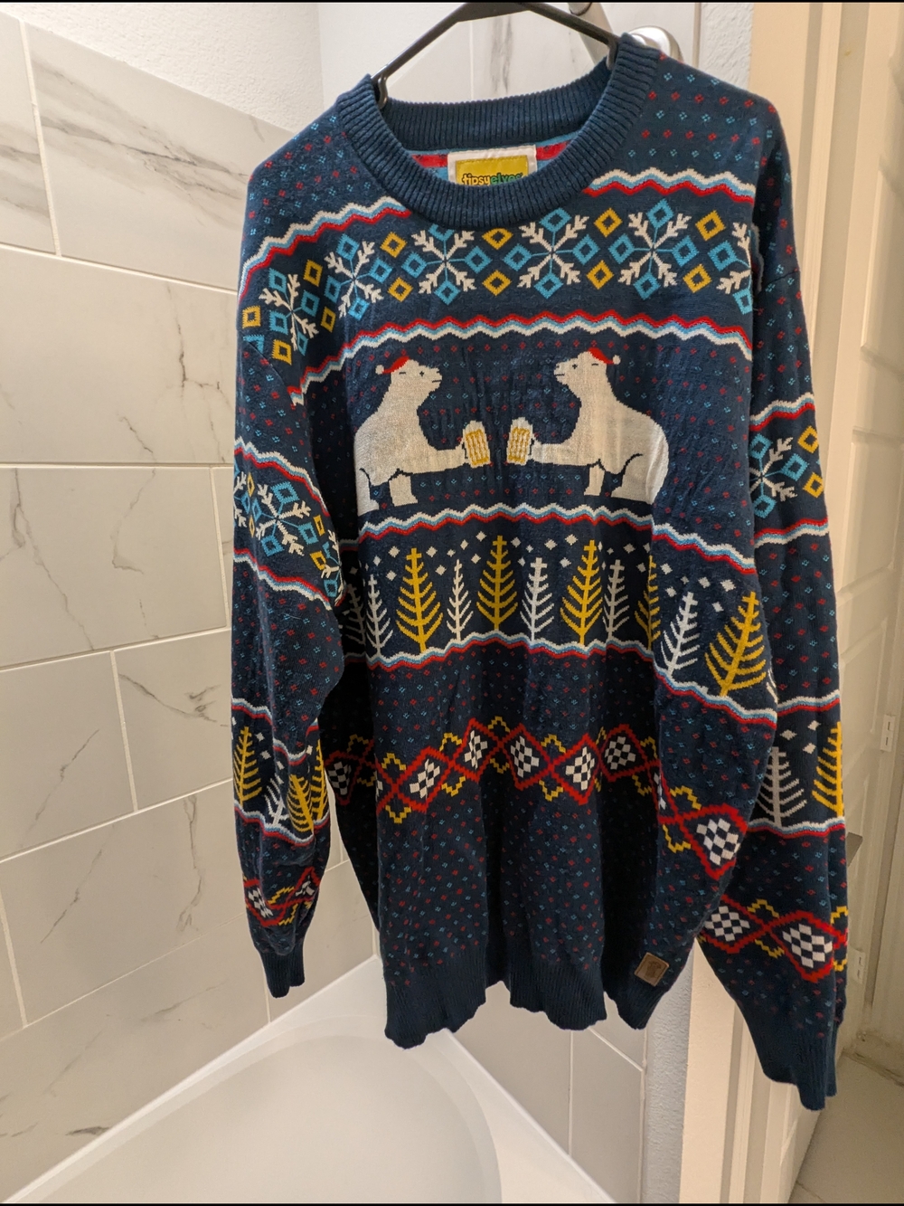Tipsy Elves Navy Fair Isle Polar Bear Crewneck Sweater with Yellow Accents